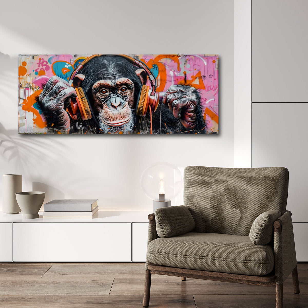 Detailansicht Schimpansen Panorama Wandbild mit Graffiti