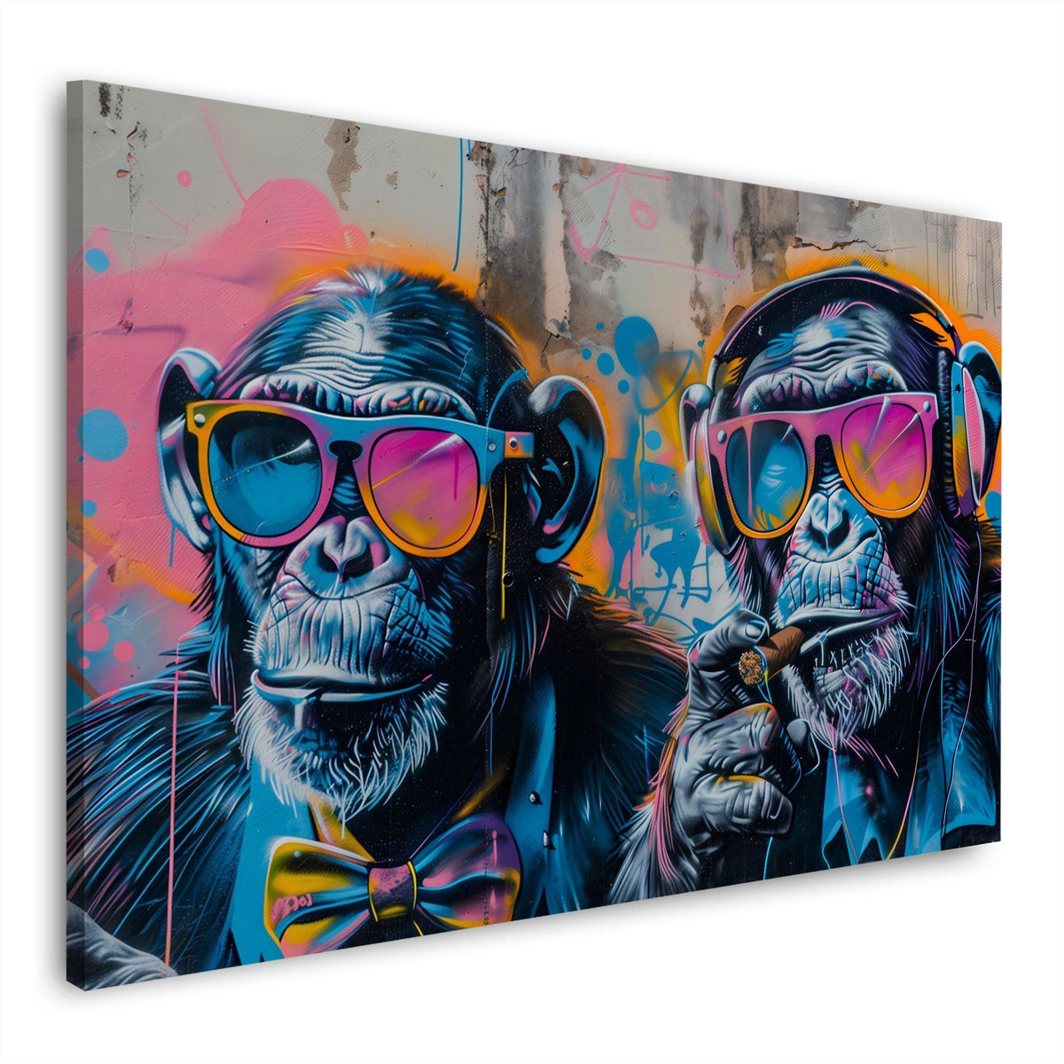 Wandbild Schimpansen Duo mit Fliege und bunten Brillen im Street Art Stil