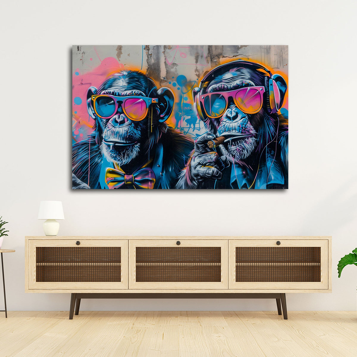 Detailansicht Schimpansen Wandbild mit Neonfarben und Sonnenbrille
