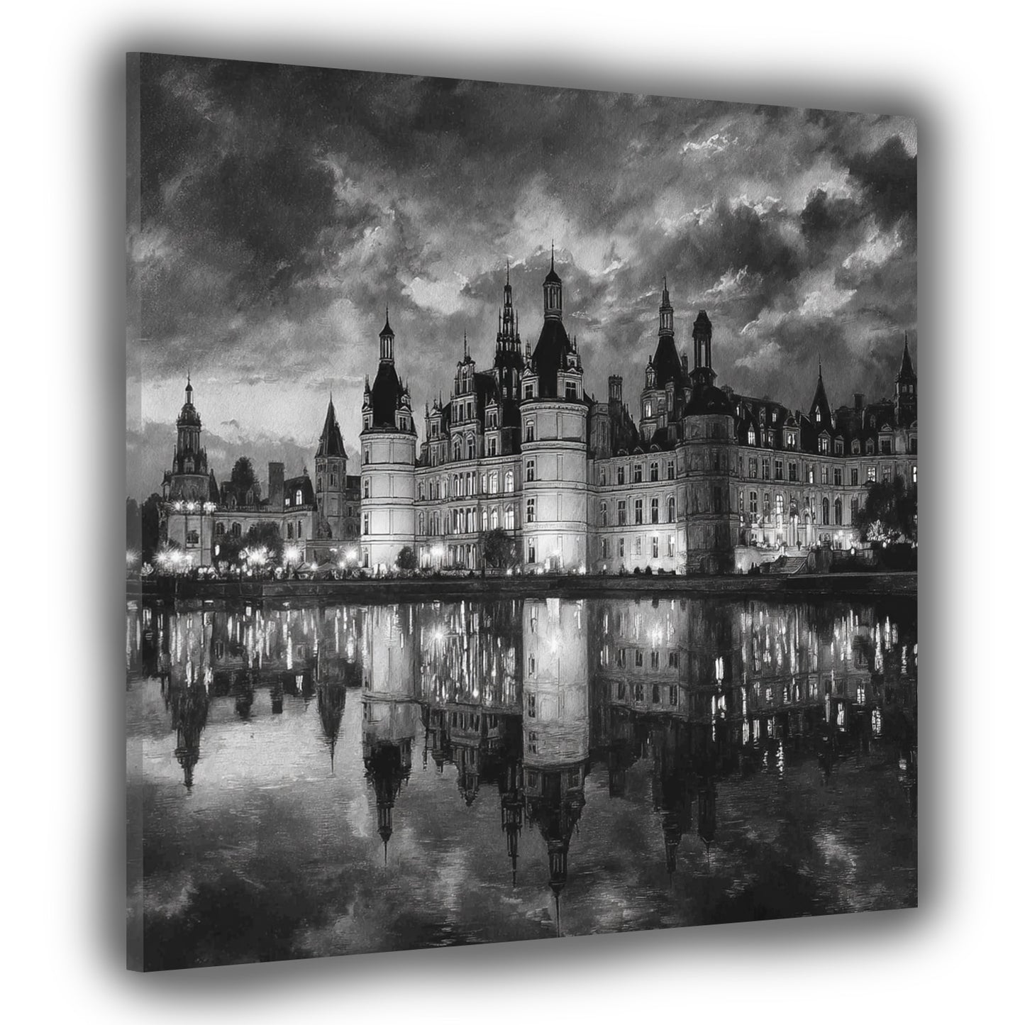 Schloss Schwerin bei Nacht schwarz weiß mit Wolkenhimmel Wandbild