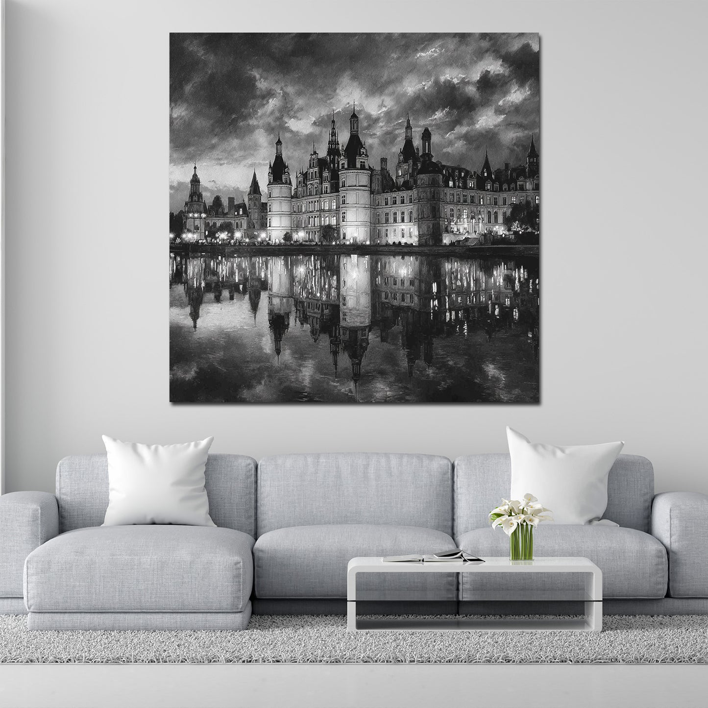 Schloss Schwerin bei Nacht schwarz weiß mit Wolkenhimmel Wandbild