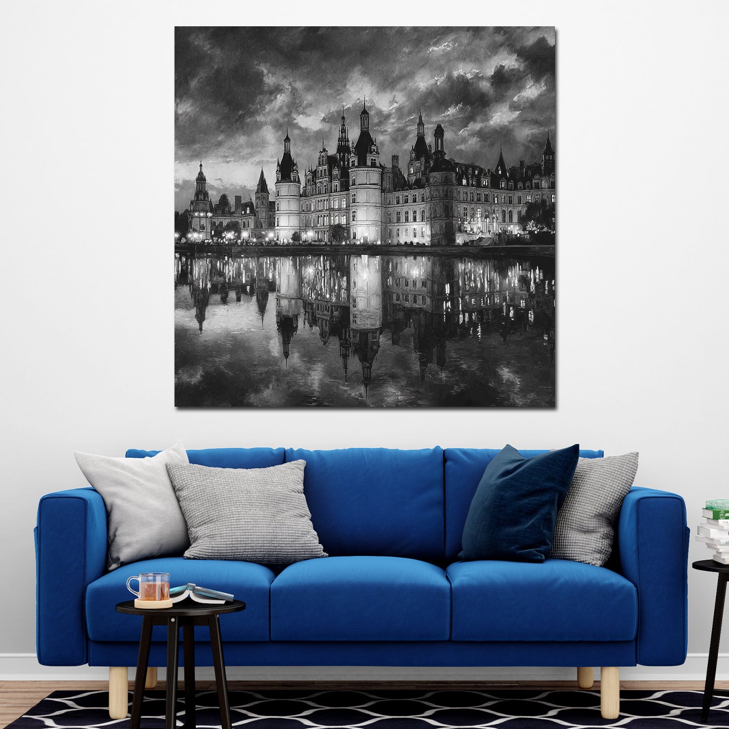 Schloss Schwerin bei Nacht schwarz weiß mit Wolkenhimmel Wandbild