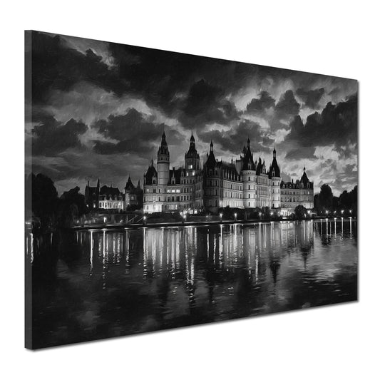 Schloss Schwerin schwarz weiß Panorama mit Wasserreflexion Wandbild