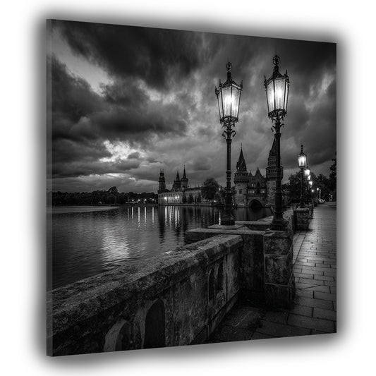 Schloss Schwerin schwarz weiß Romantische Brückenszene Wandbild
