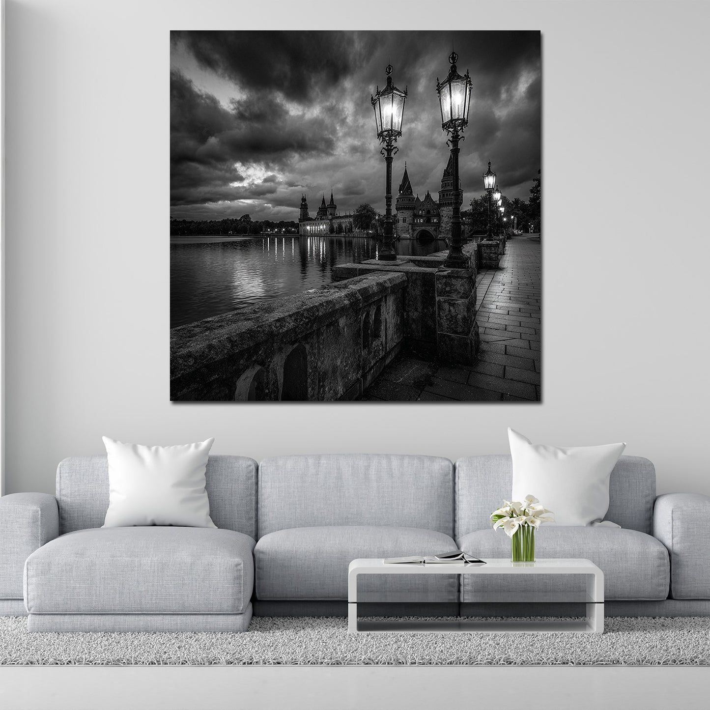 Schloss Schwerin schwarz weiß Romantische Brückenszene Wandbild