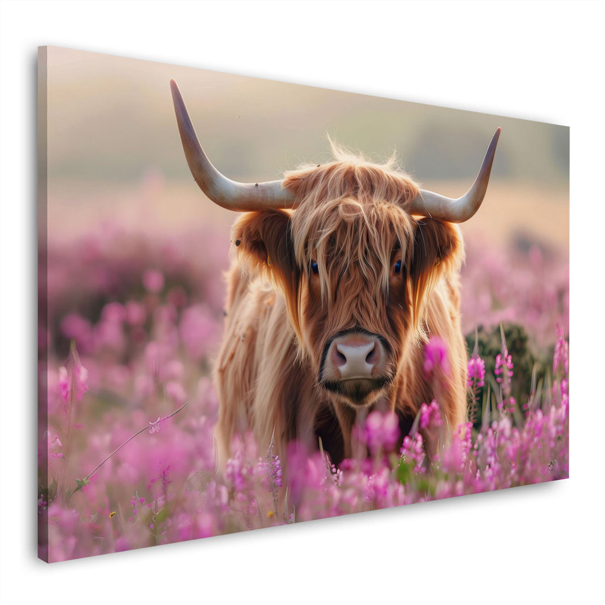 Schottisches Hochlandrind in pinken Heideblüten als Wandbild