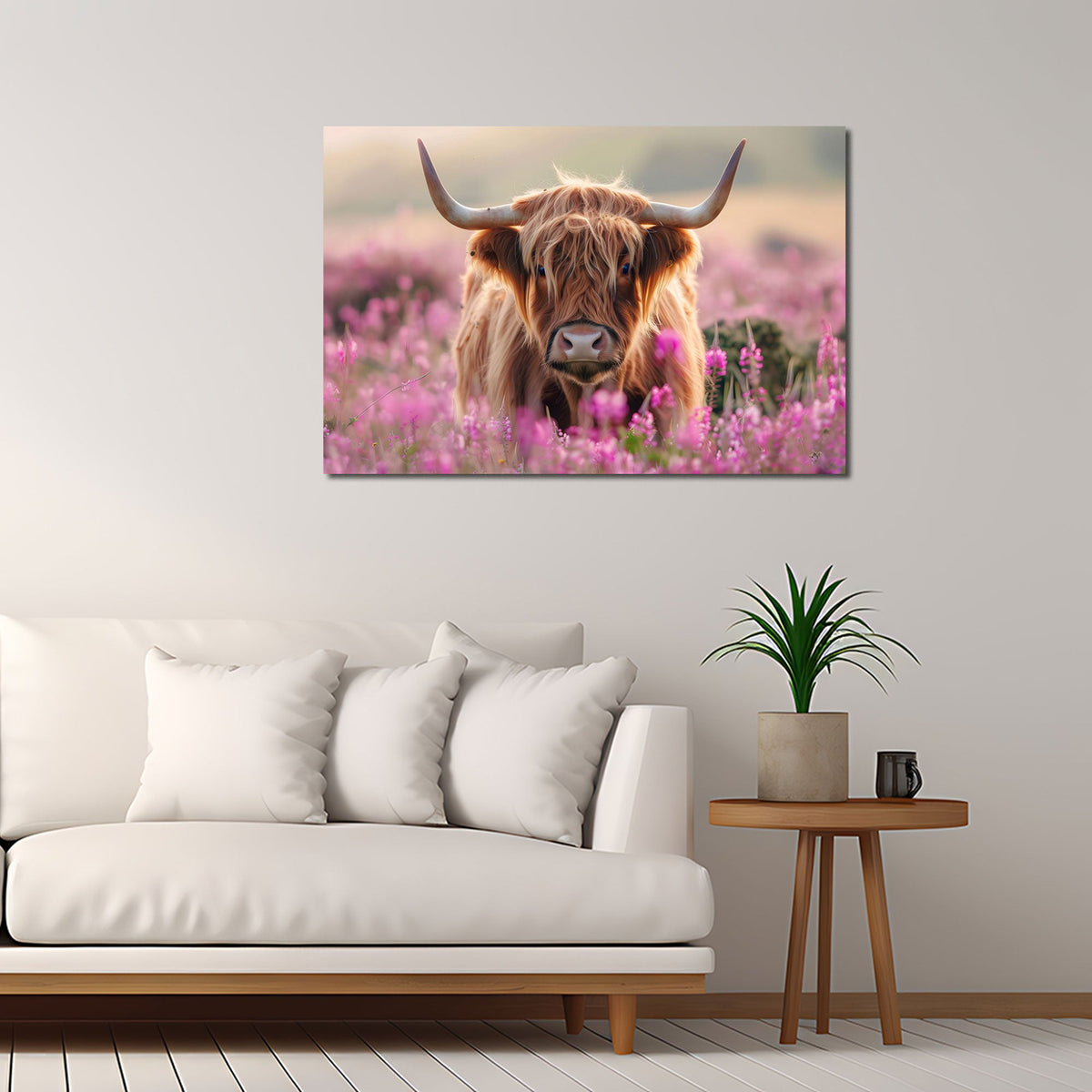 Hochlandrind Wandbild über dem Sofa im Wohnzimmer