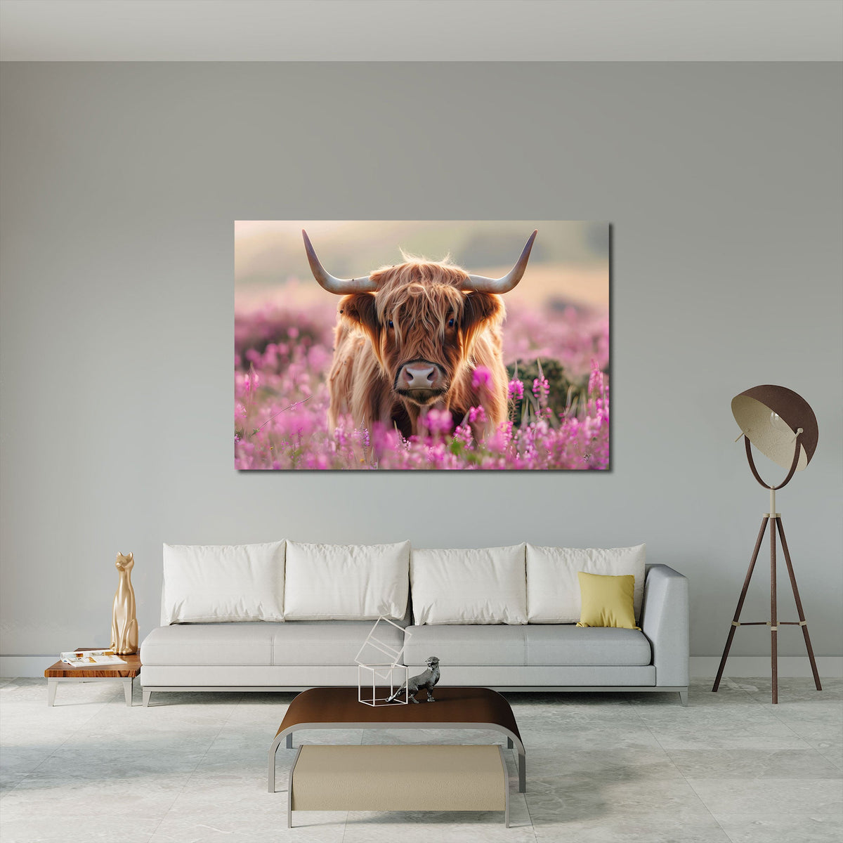 Hochlandrind im Blütenfeld als Wandbild im Schlafzimmer