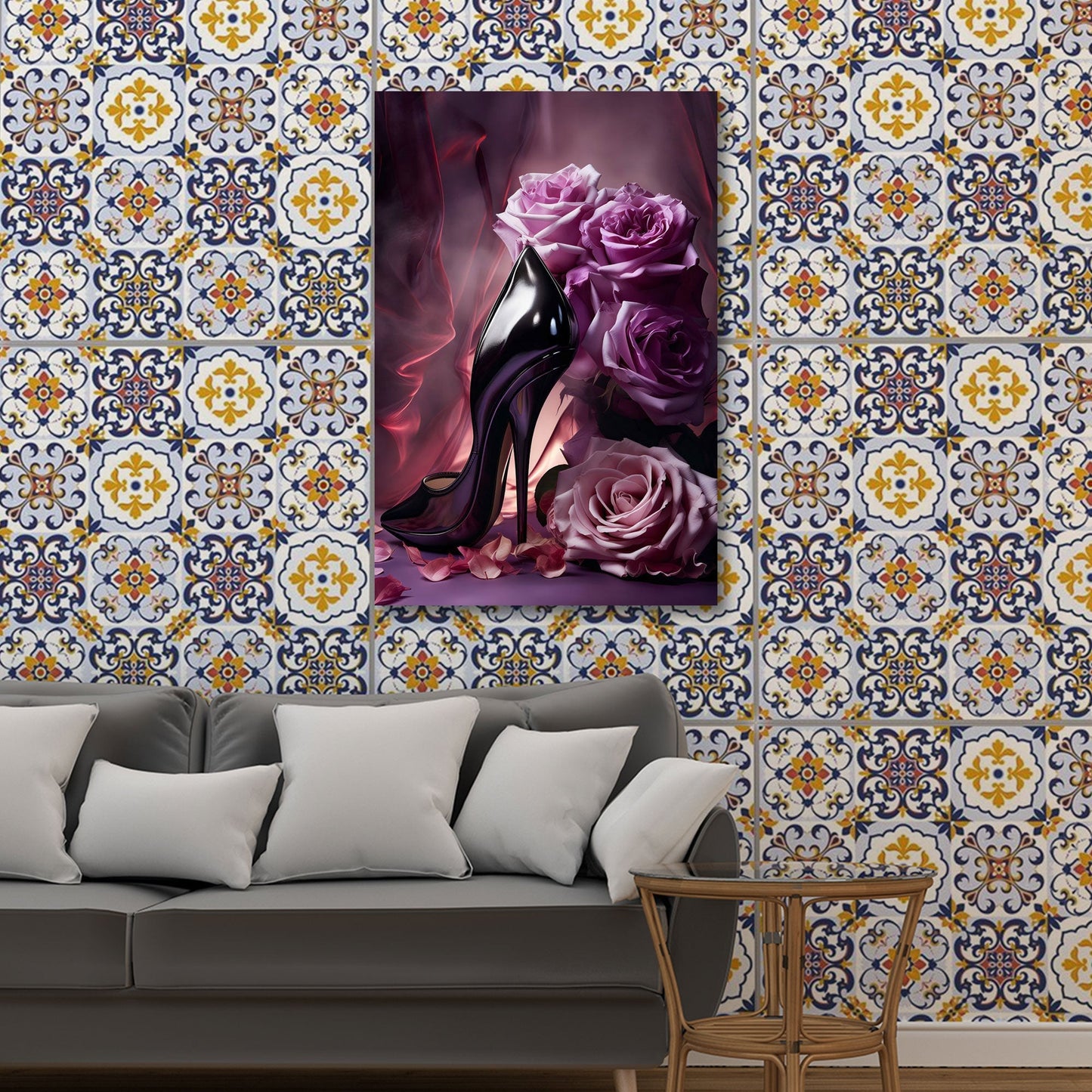 High Heel mit Rosen als Wandbild im Schlafzimmer
