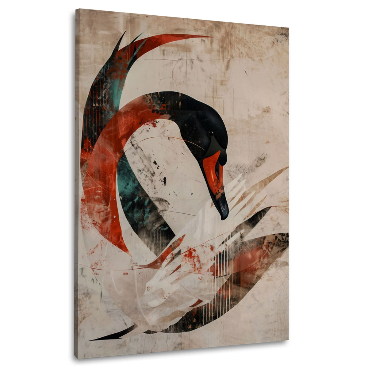 Wandbild Schwan aus schwungvollen Linien in Schwarz und Orange auf Leinwand