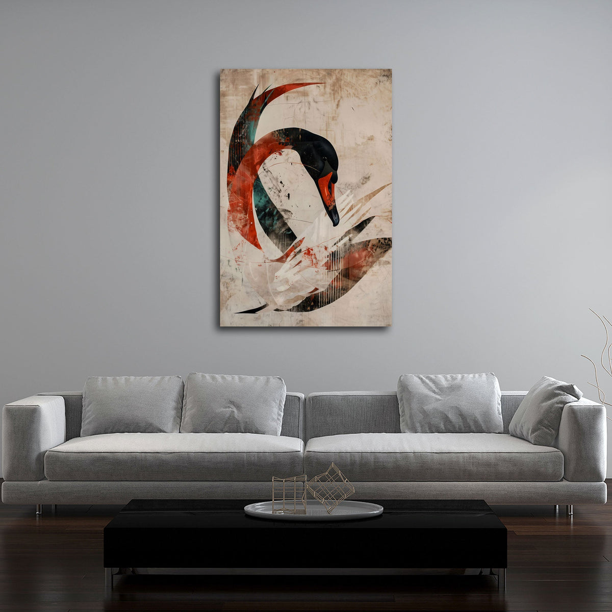 Abstraktes Schwan Wandbild im Hochformat im modernen Wohnraum