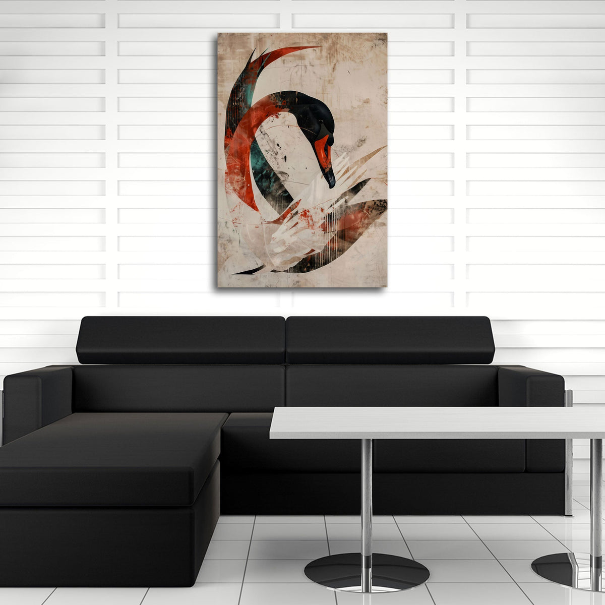 Detailansicht Schwan Wandbild mit orangerotem Bogen und türkisen Akzenten