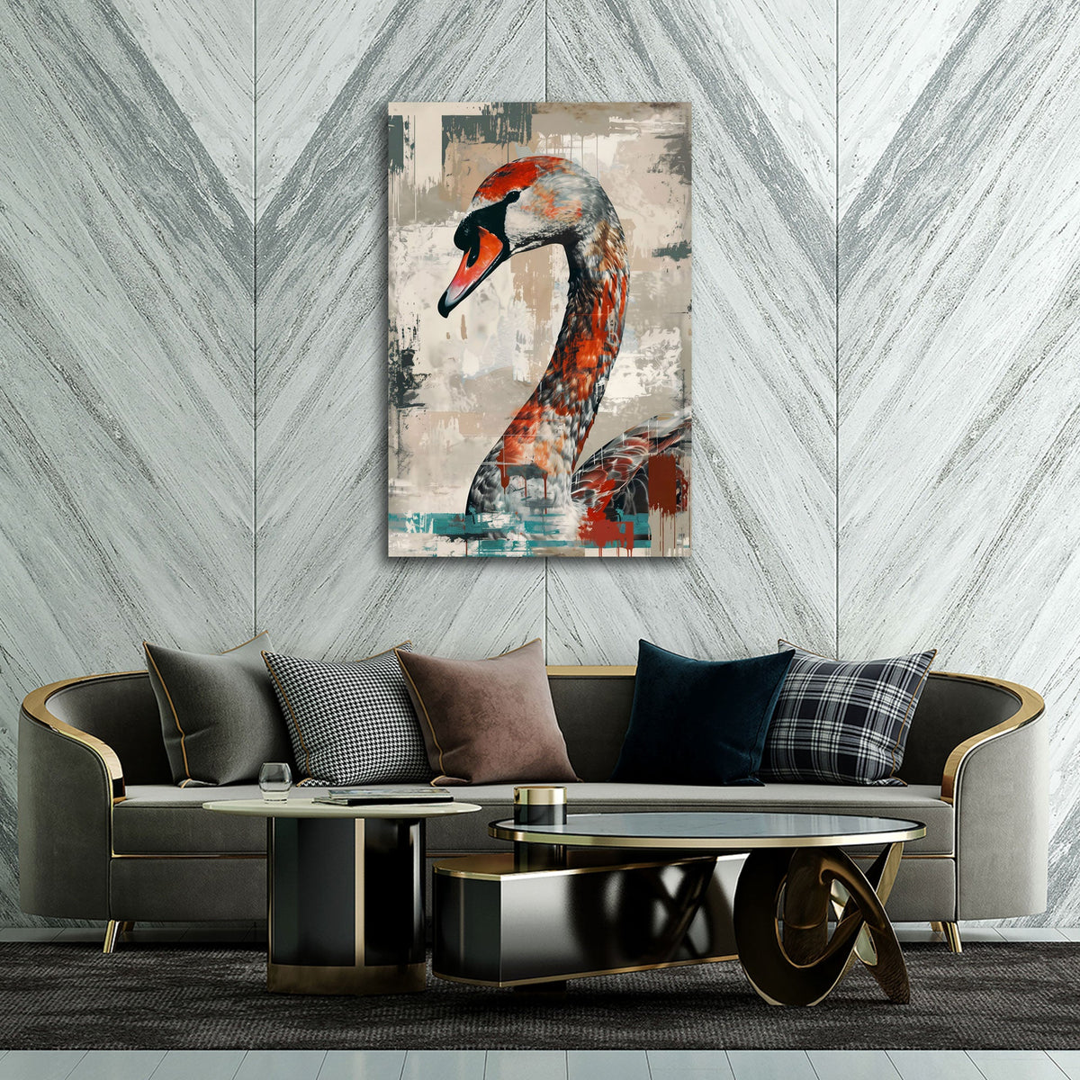 Schwan Wandbild im Grunge Stil im Hochformat über dem Sideboard