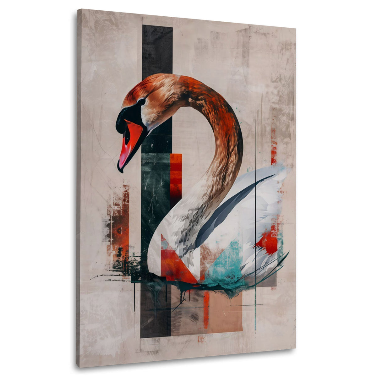 Wandbild Schwan mit geometrischen Formen in Beige und Rot auf Leinwand