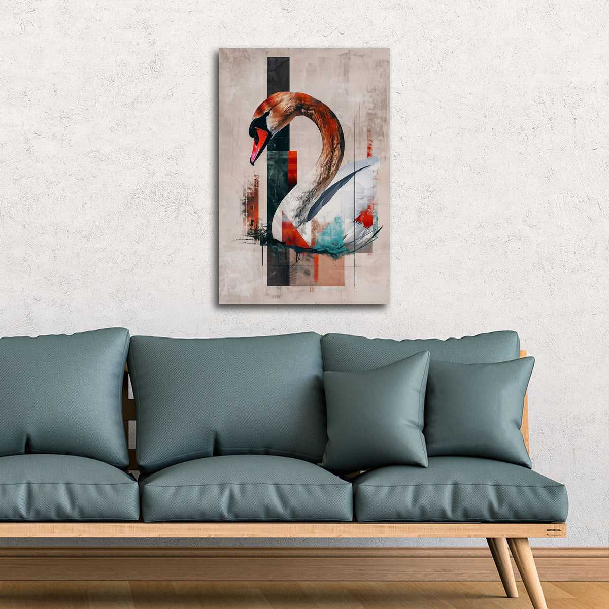 Modernes Schwan Wandbild im Hochformat über der Kommode im Wohnraum