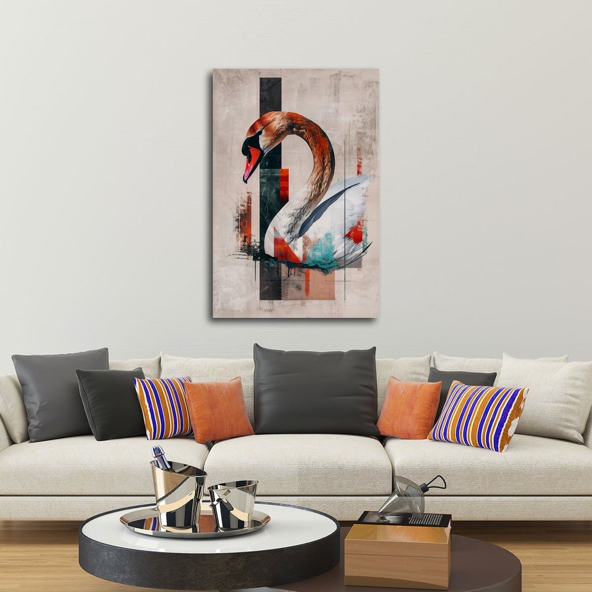 Detailansicht Schwan Wandbild mit roten Akzenten und grafischen Flächen