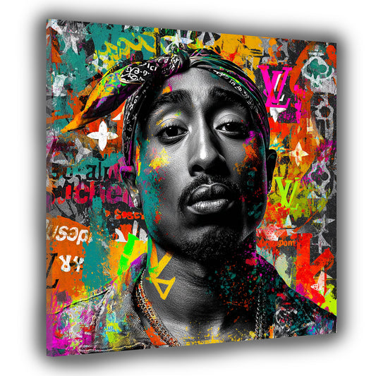 Schwarz weiß Tupac Gesicht mit Farbspritzern Wandbild