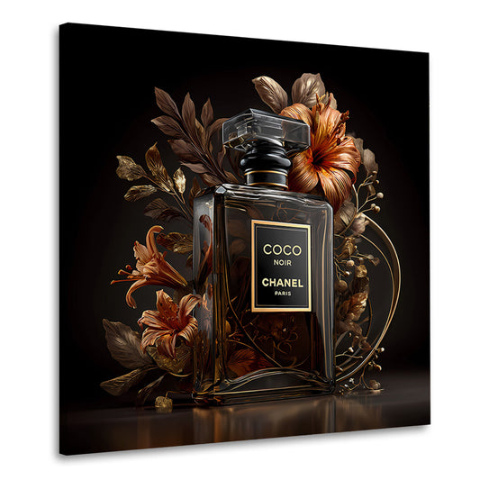 Schwarze Duftflasche elegant mit Blüten Wandbild