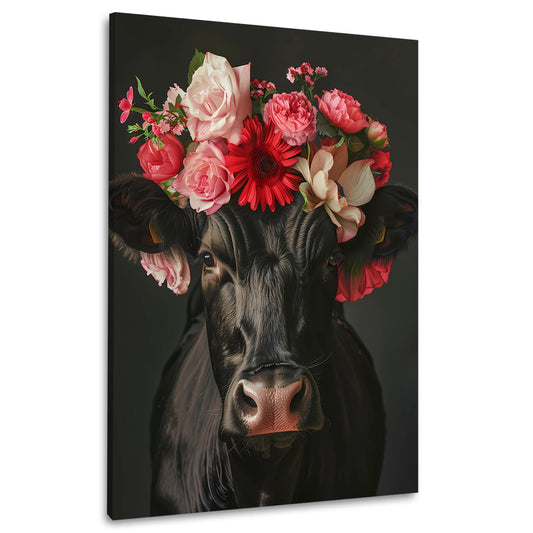Schwarze Kuh mit roter Blumenkrone Wandbild