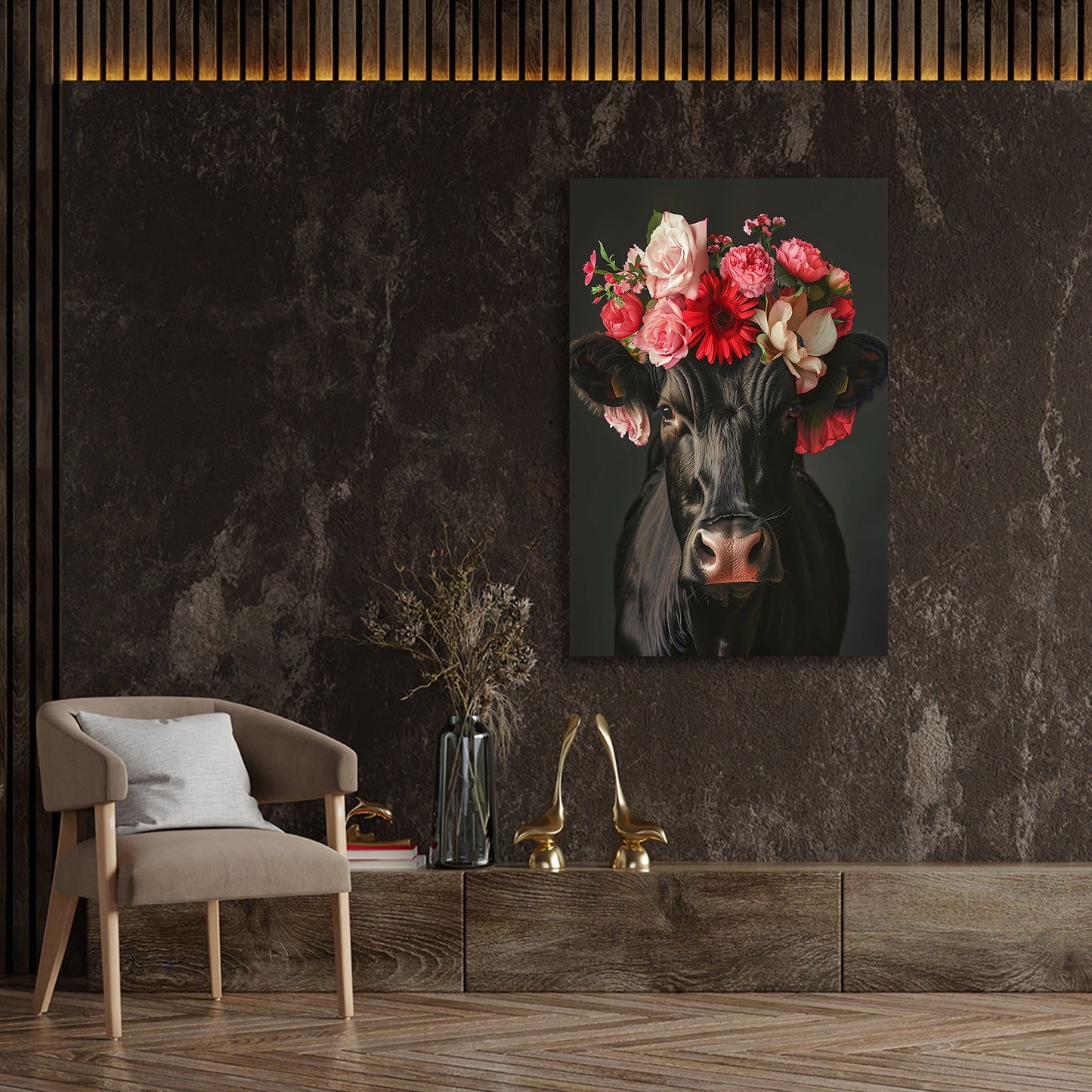Schwarze Kuh mit roter Blumenkrone Wandbild