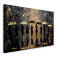 Wandbild schwarze Silhouetten mit Schirmen und Goldspritzern auf Leinwand