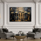 Detailansicht Wandbild mit schwarzen Silhouetten und goldenen Farbspritzern