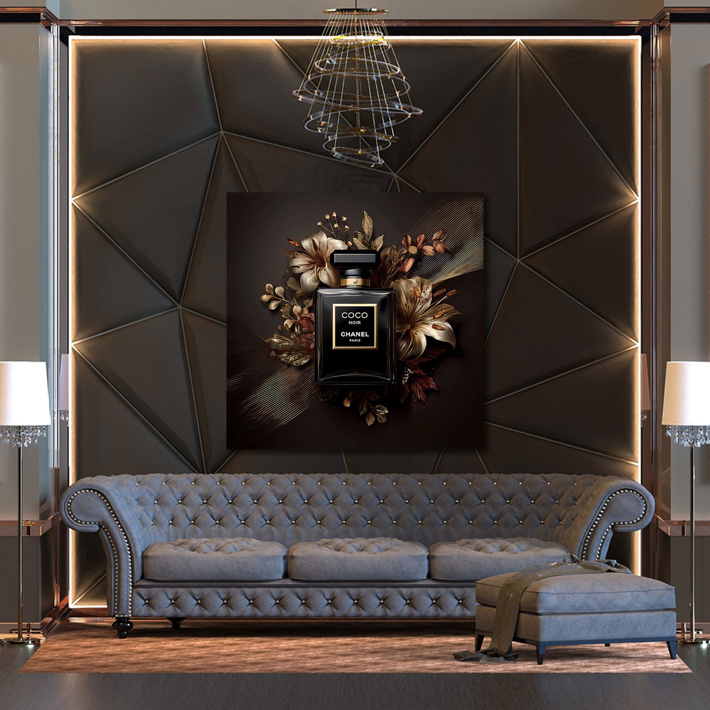 Schwarzer Duftflakon Blumen Design Glamour Wandbild