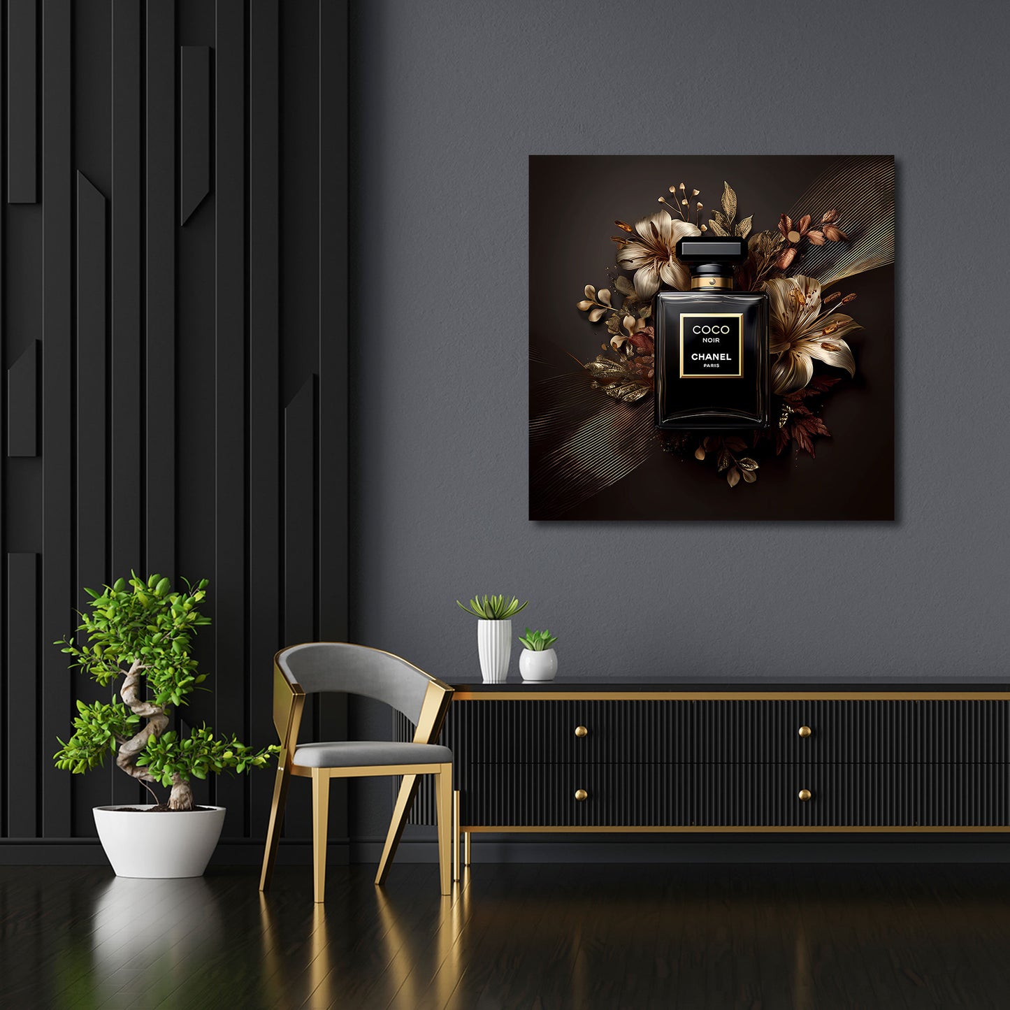Schwarzer Duftflakon Blumen Design Glamour Wandbild