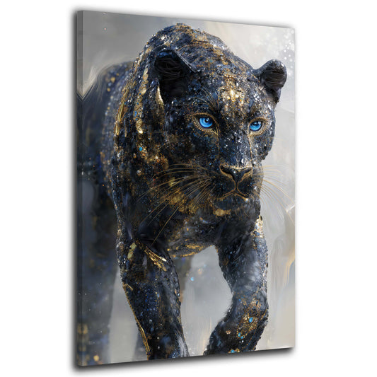 Schwarzer Panther im Sprung mit Goldglanz Wandbild