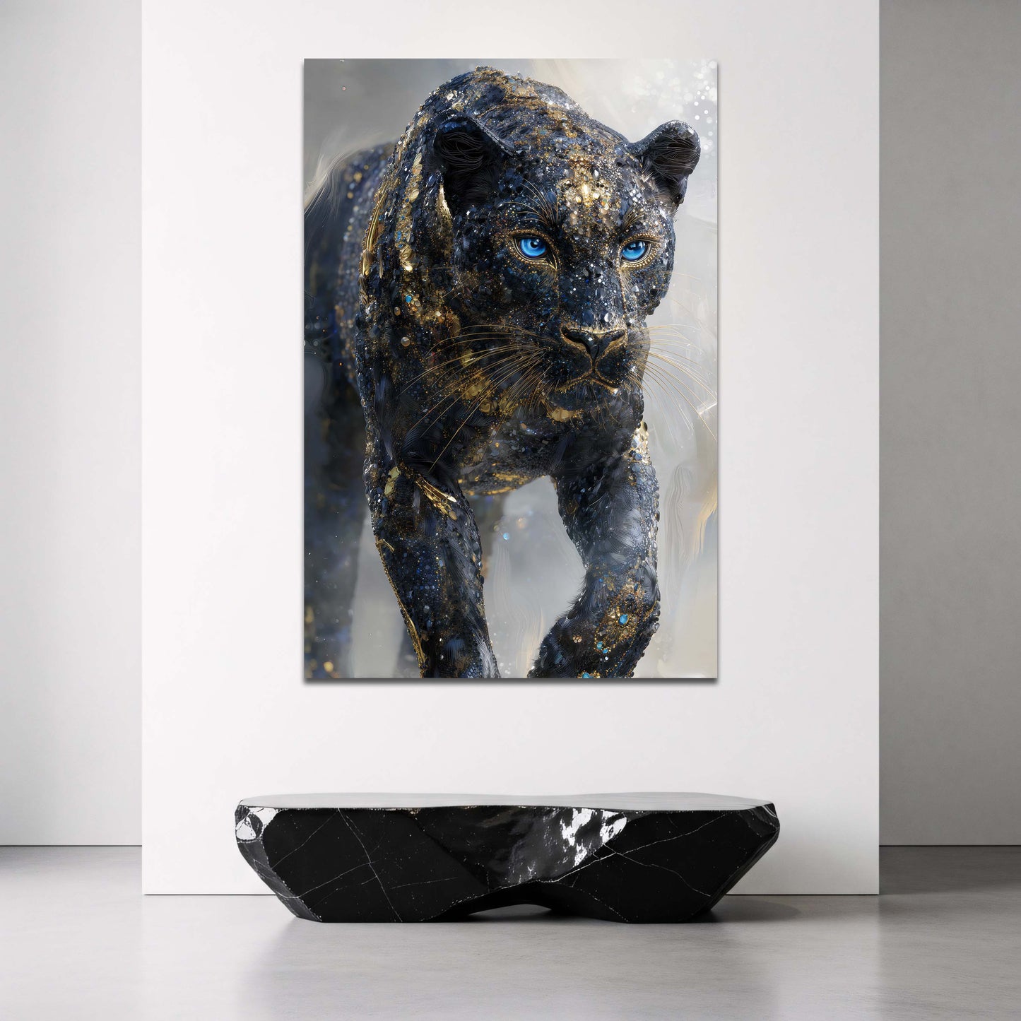 Schwarzer Panther im Sprung mit Goldglanz Wandbild