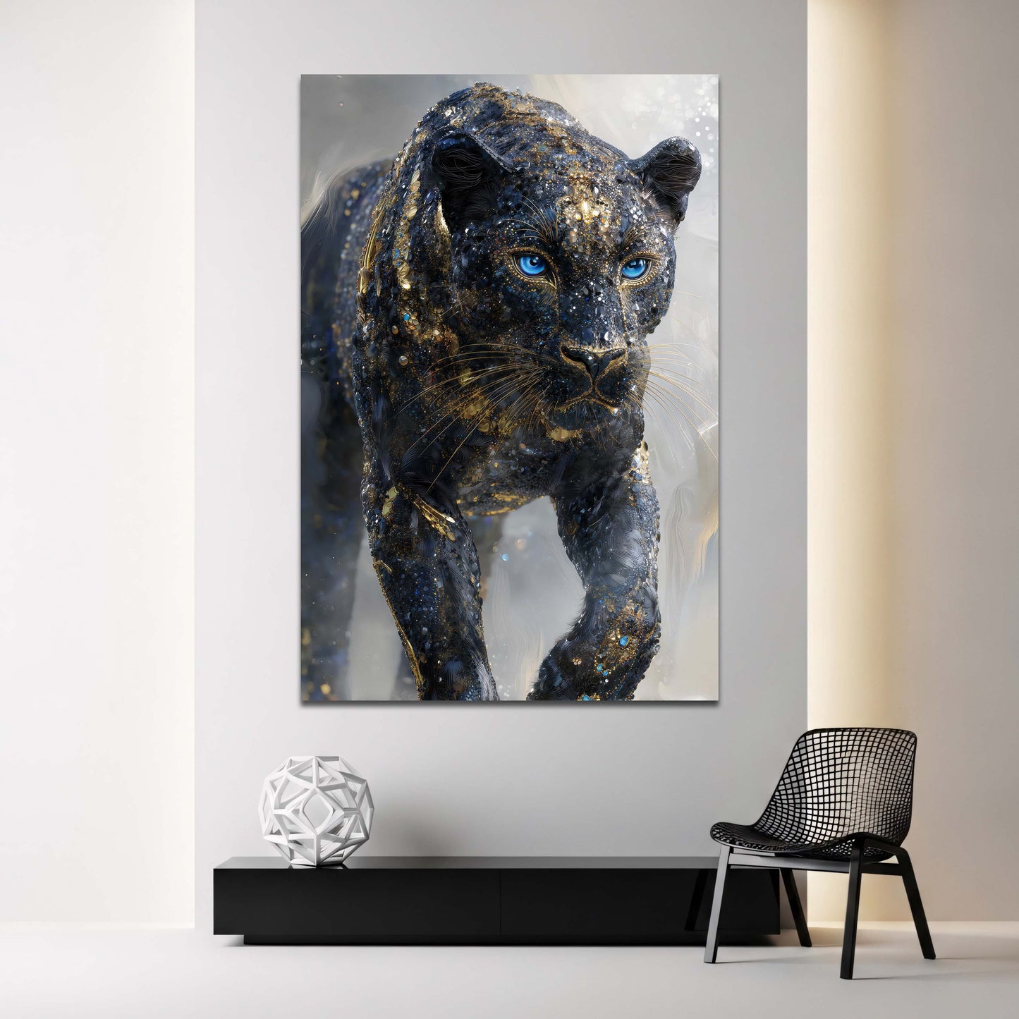 Schwarzer Panther im Sprung mit Goldglanz Wandbild