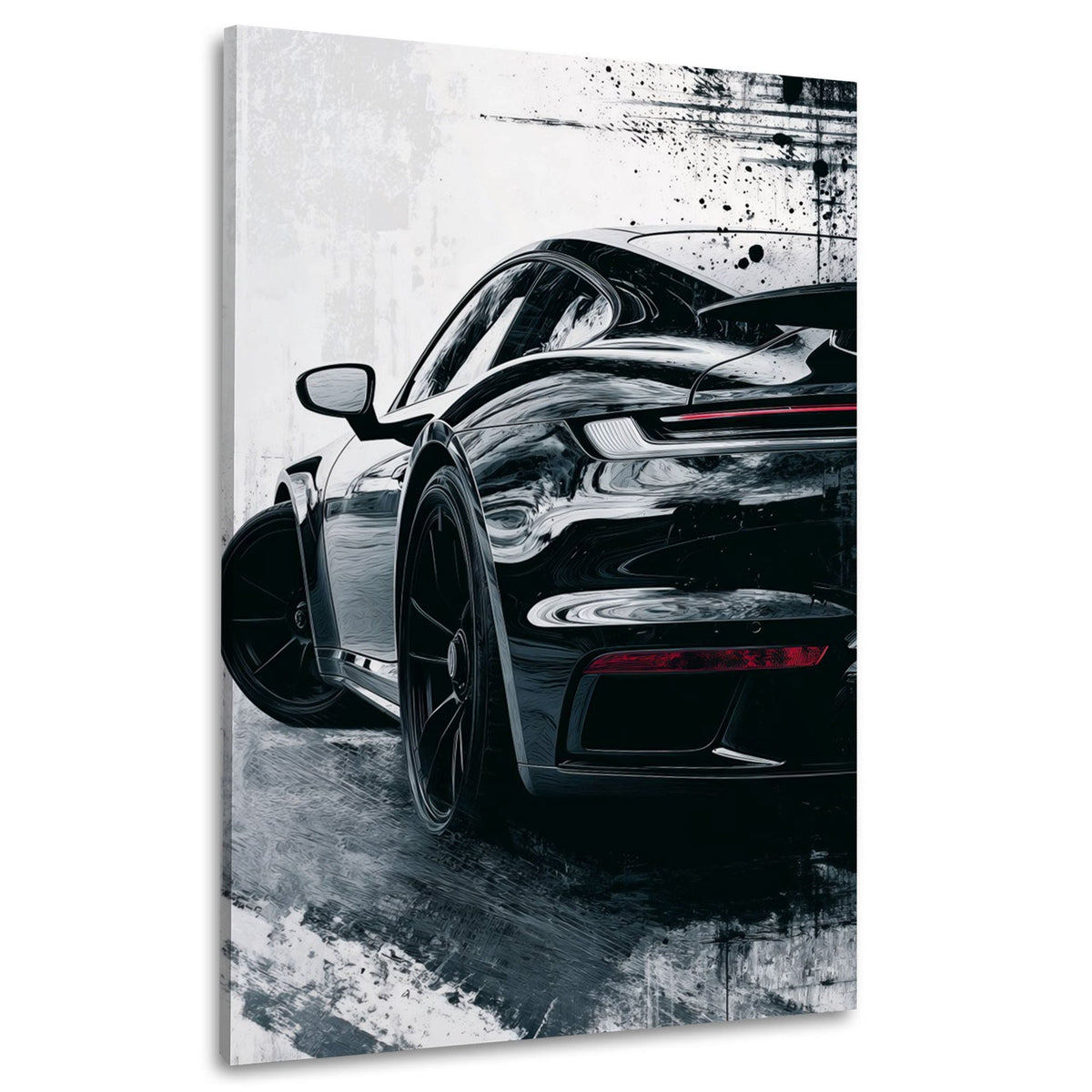 Schwarzer Porsche Sportwagen in Heckansicht im Grunge-Look als Wandbild