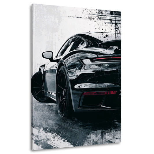 Schwarzer Porsche Sportwagen in Heckansicht im Grunge-Look als Wandbild