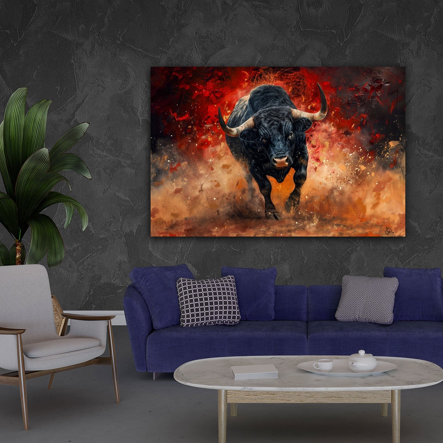 Schwarzer Stier Wandbild in Rot über der Couch im Wohnzimmer