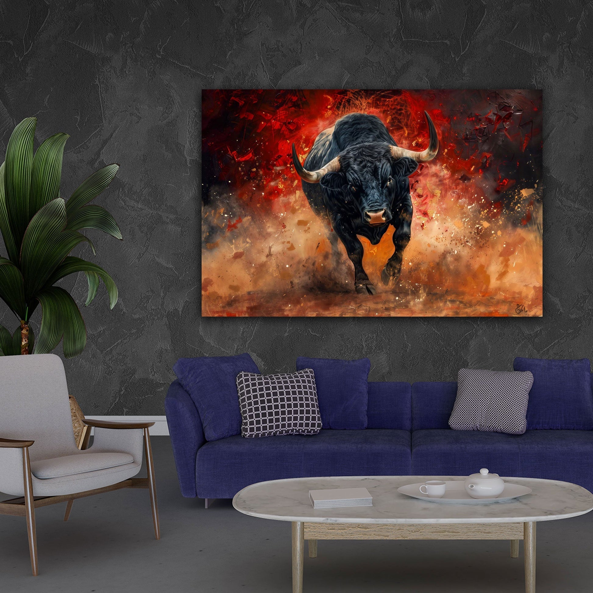 Schwarzer Stier Wandbild in Rot über der Couch im Wohnzimmer