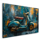 Retro Vespa in Petrol und Gold mit roter Sitzbank – Wandbild im Querformat