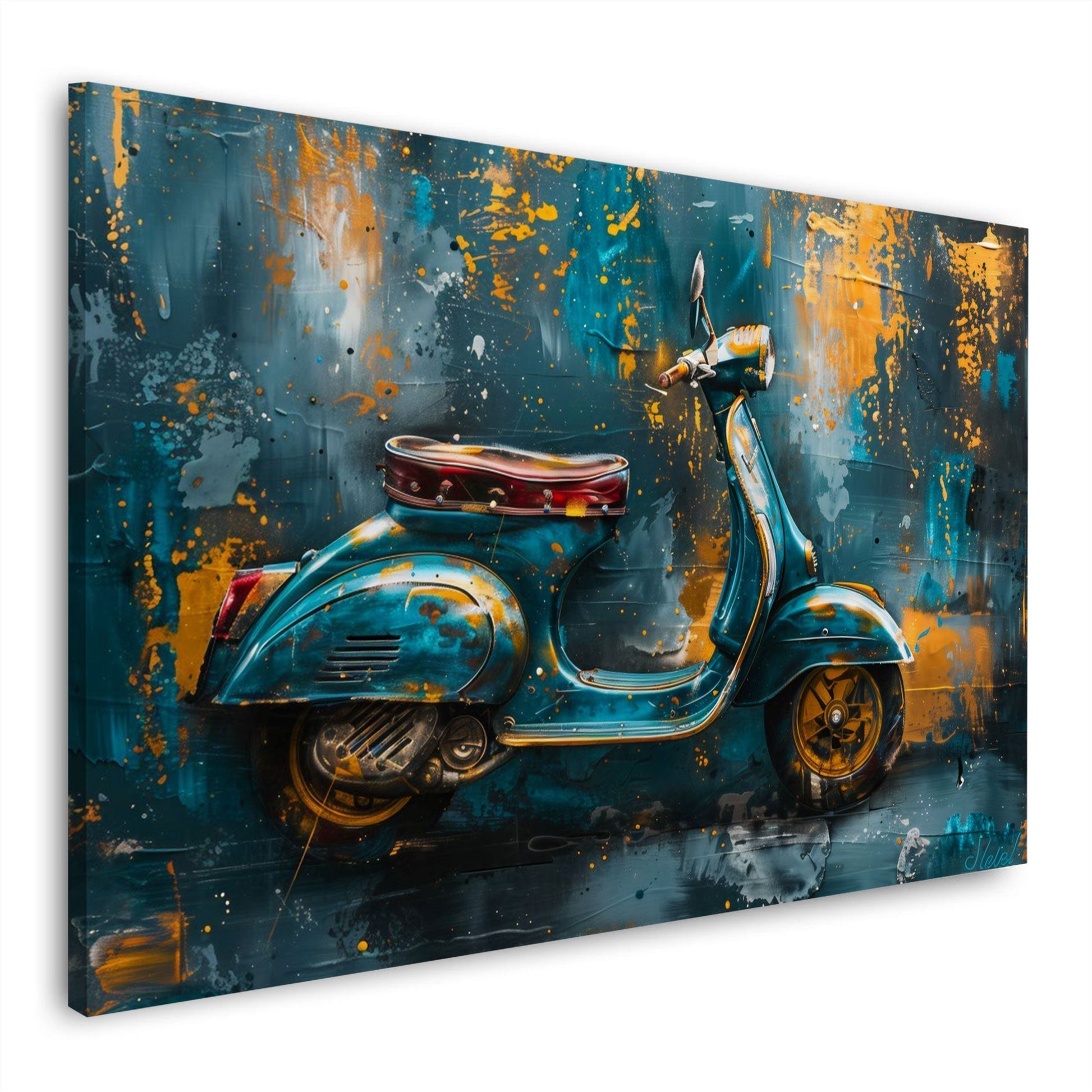 Retro Vespa in Petrol und Gold mit roter Sitzbank – Wandbild im Querformat