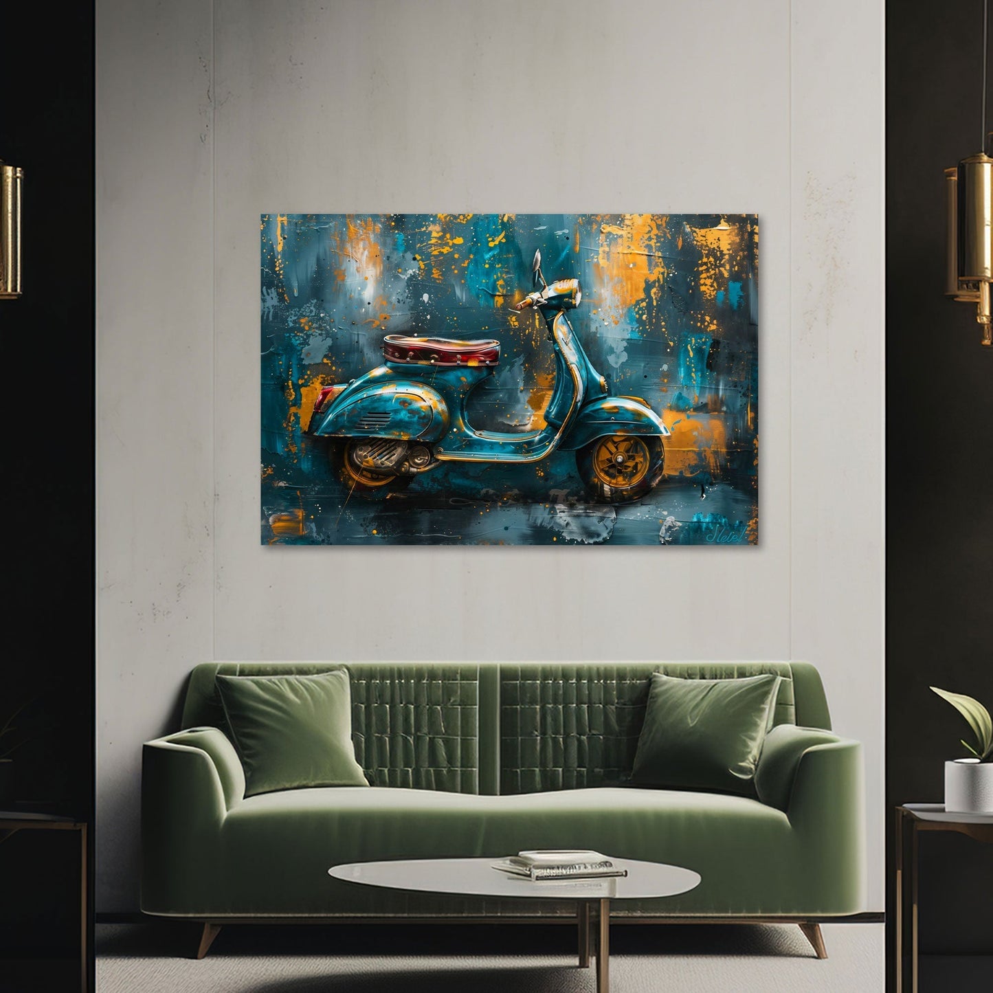 Vespa Wandbild in Petrol und Gold über der Couch im Wohnzimmer