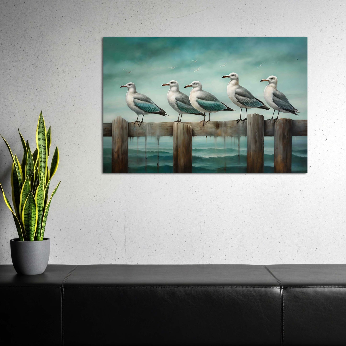 Möwen auf Holz am Ozean in ruhiger Meeresstimmung Wandbild