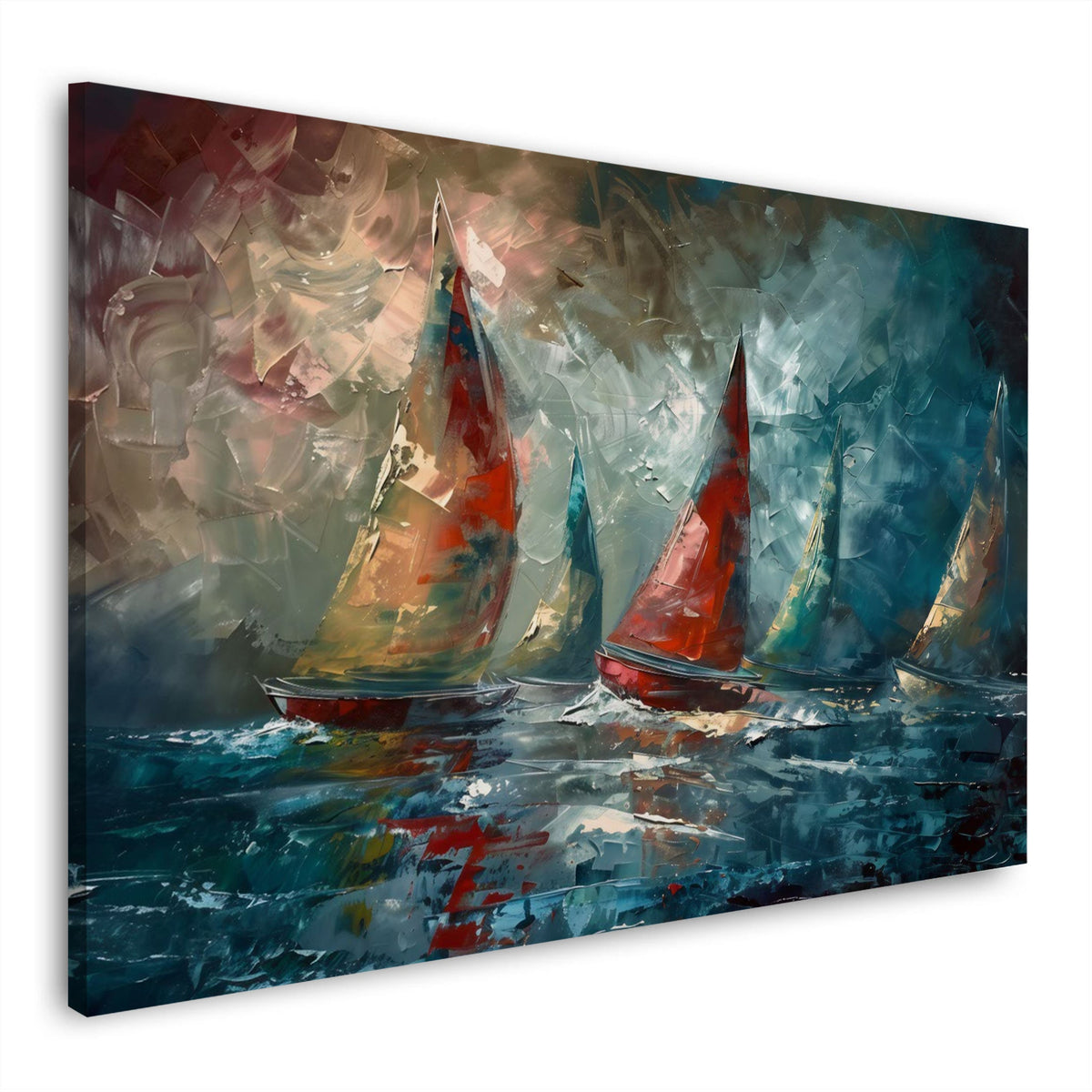 Wandbild Segelboote auf stürmischer See in Blau und Rot auf Leinwand