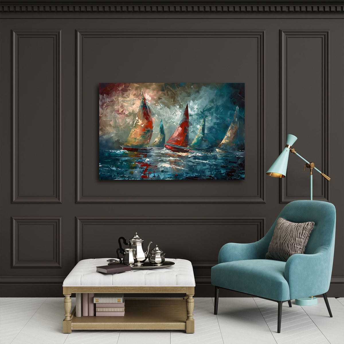 Maritimes Segelboot Wandbild über dem Sofa im Wohnzimmer