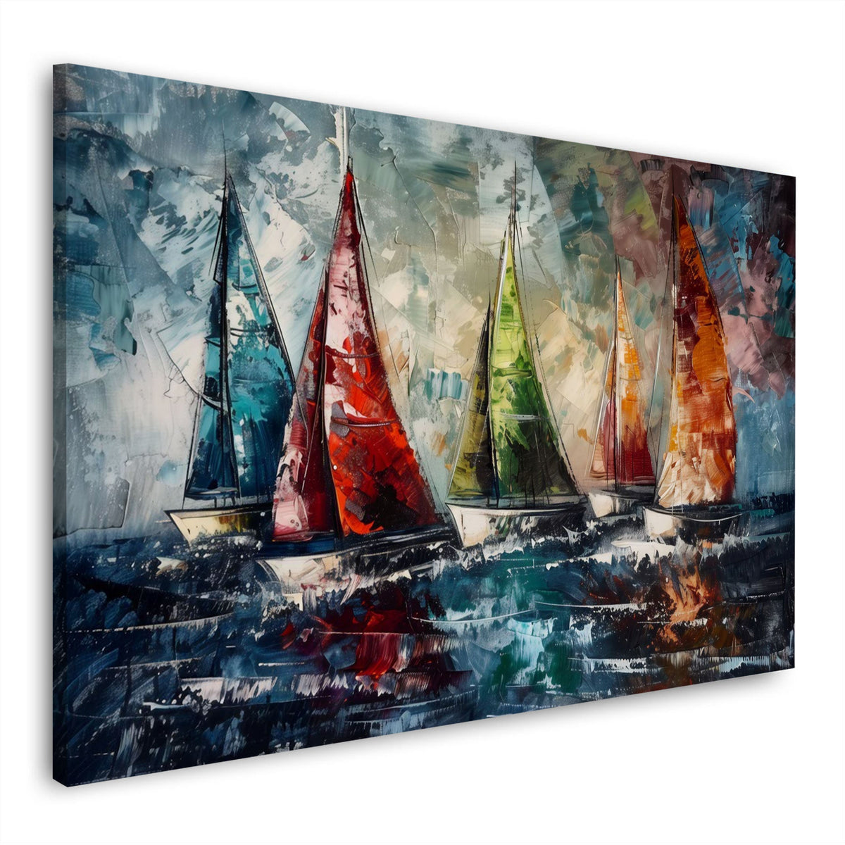 Wandbild Segelboote mit roten und grünen Segeln auf See auf Leinwand