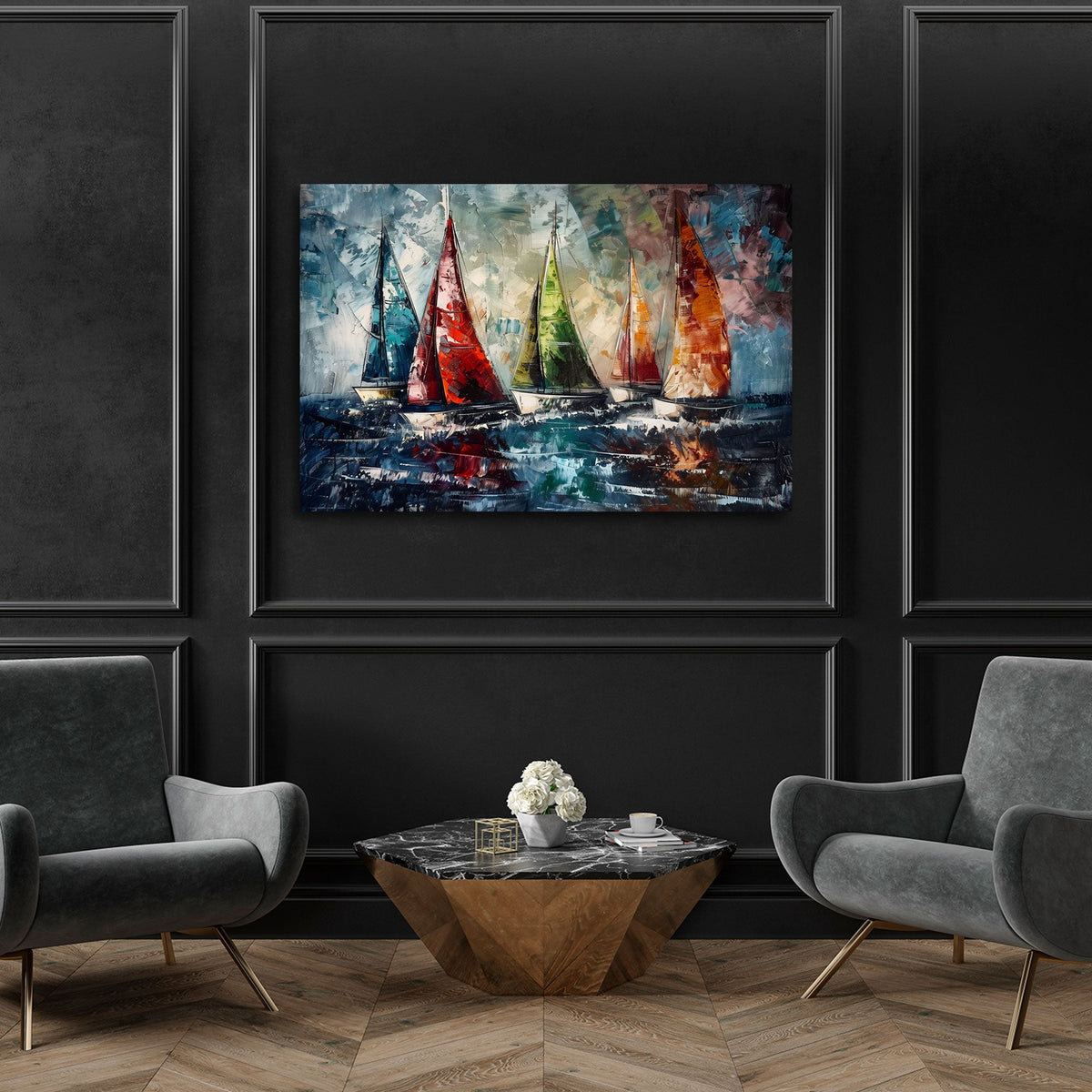 Maritimes Segelboot Wandbild mit bunten Segeln im Wohnzimmer