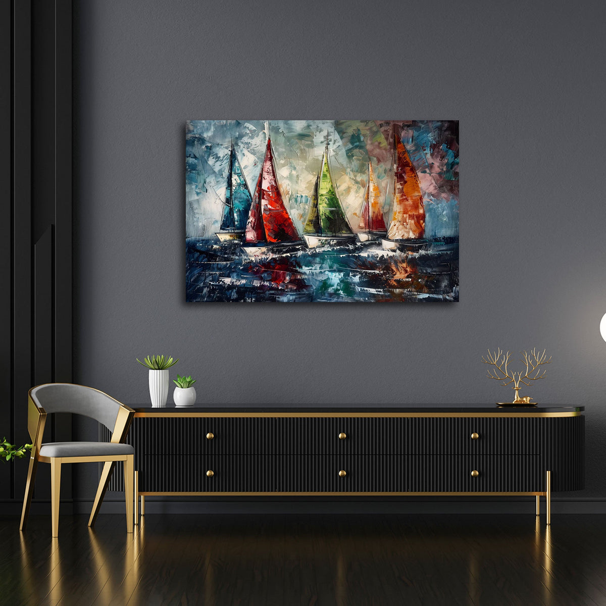 Detailansicht Segelboote Wandbild mit grünem und rotem Segel