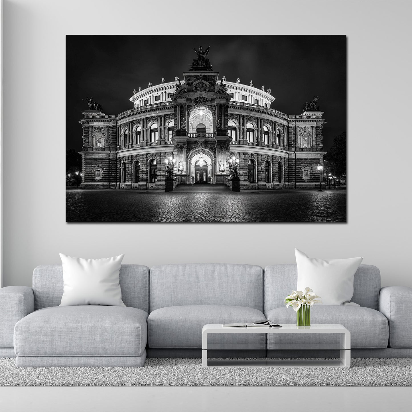 Semperoper Dresden Fotografie bei Nacht schwarz weiß Wandbild