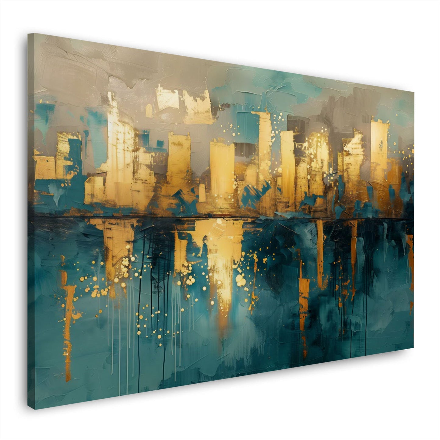 Abstrakte Skyline in Gold und Petrol mit Wasserspiegelung – Wandbild im Querformat