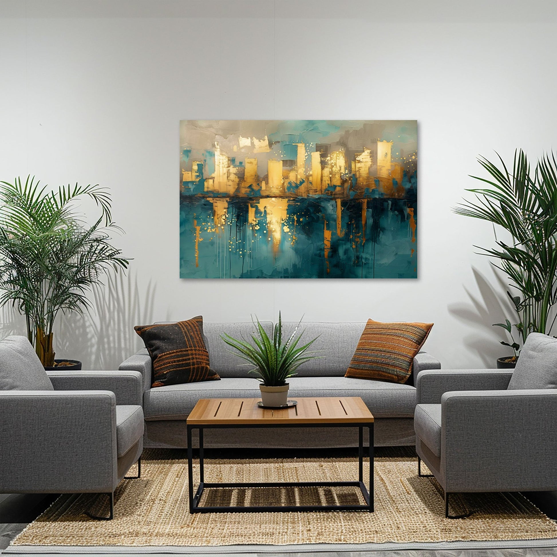Abstraktes Skyline-Wandbild im modernen Büro