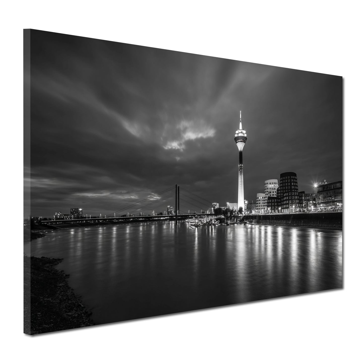 Skyline Rheinturm Düsseldorf schwarz weiß Lichter Wandbild