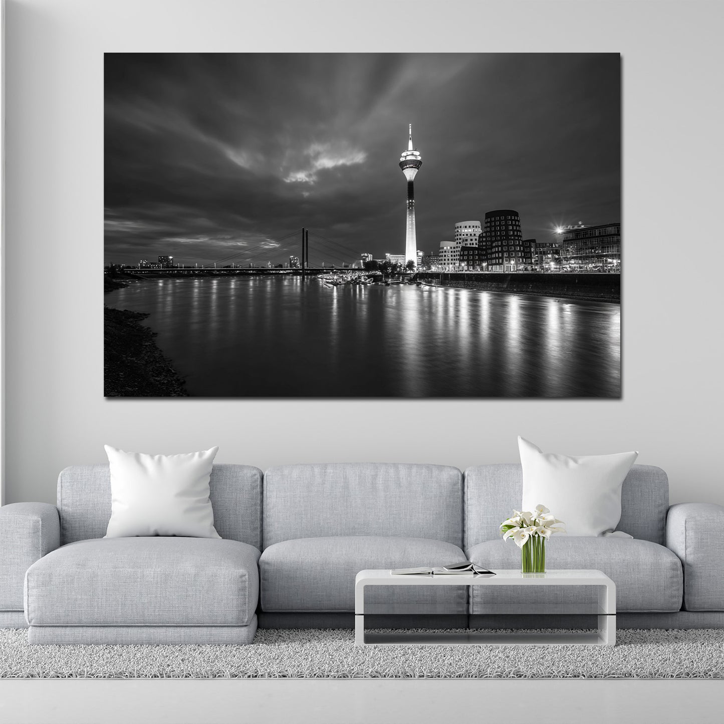 Skyline Rheinturm Düsseldorf schwarz weiß Lichter Wandbild
