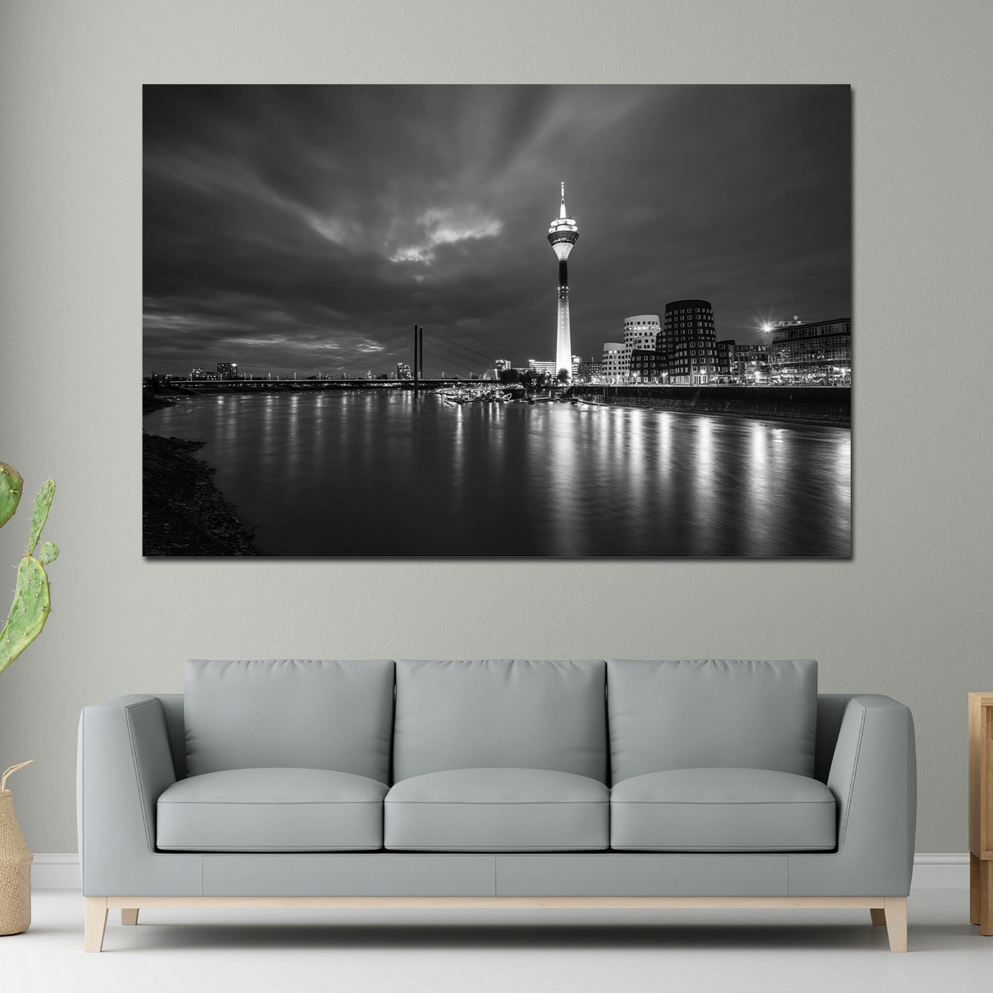 Skyline Rheinturm Düsseldorf schwarz weiß Lichter Wandbild